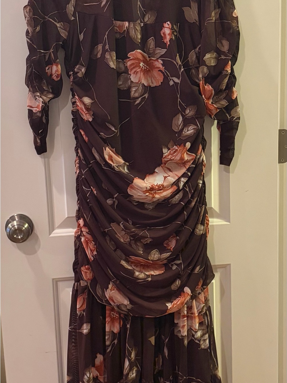 Anthropologie Brown Floral Ruched Maxi Dress with Long Sleeves